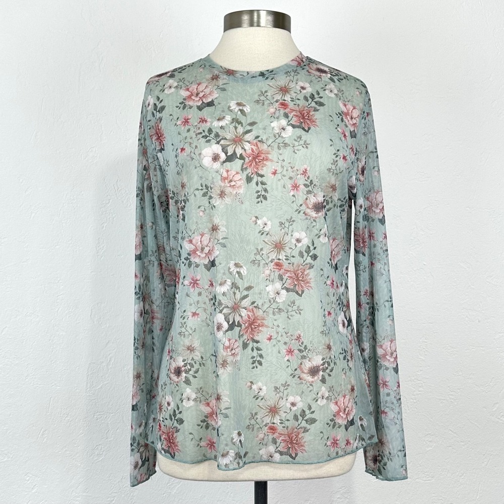 Three Bird Nest Women Boho Romantic Layering Top Sz XL Mesh Sheer Floral Stretch